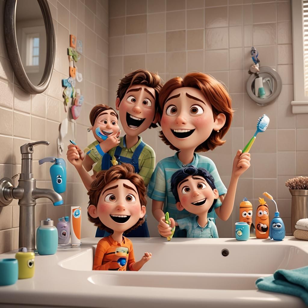 Family Brushing Teeth: Pixar-Style 3D Animation