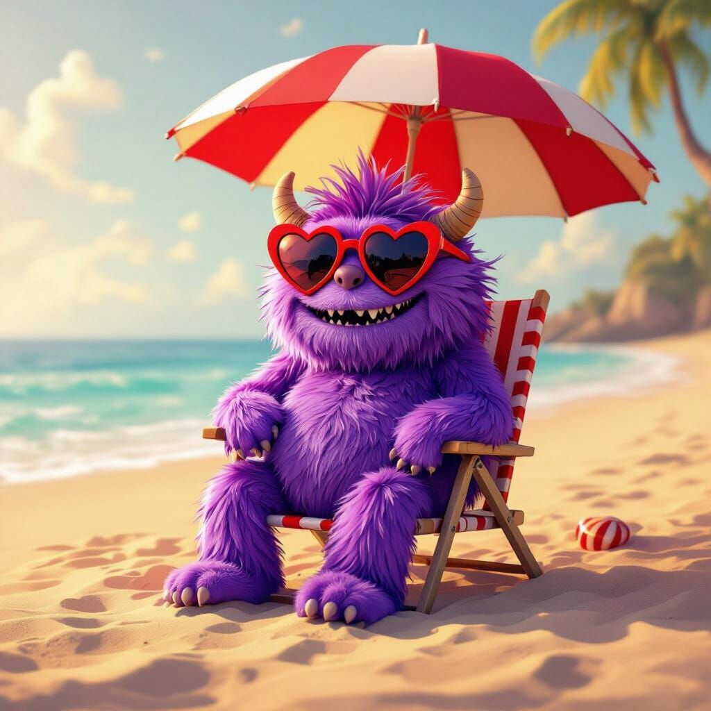 Fluffy Purple Monster Enjoys Beach Day
