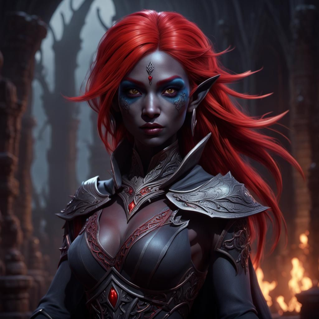 Detailed Red-Haired Drow in Fantasy Art Style
