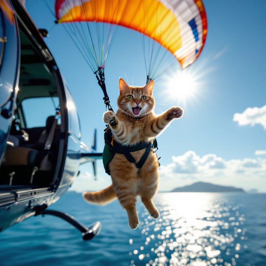 Ginger Cat Paragliding from Helicopter Over Ocean