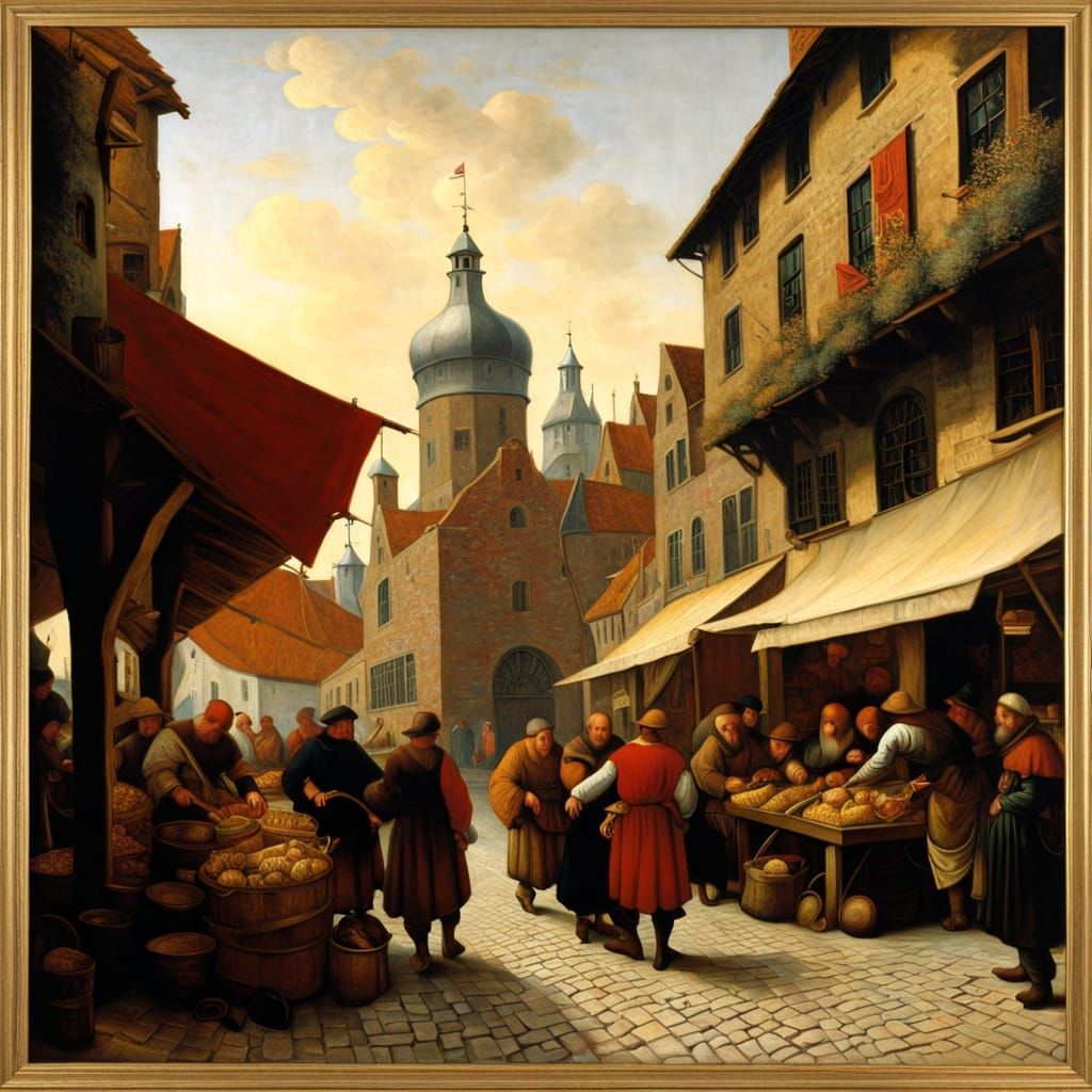 Lively Marketplace Scene in Dutch Masters Style