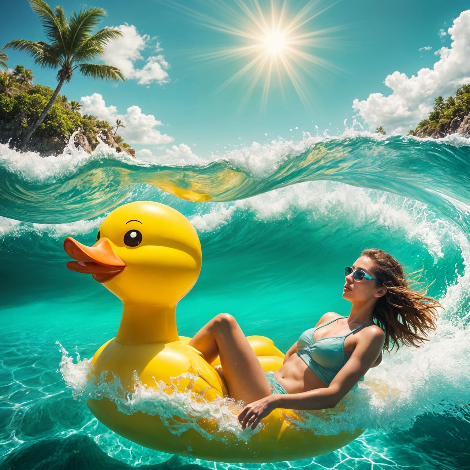 A girl floats on an inflatable yellow duck