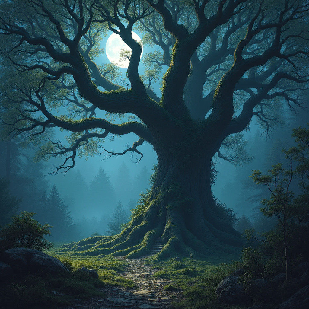 Moonlit Tree in Hyperrealistic Digital Painting Style