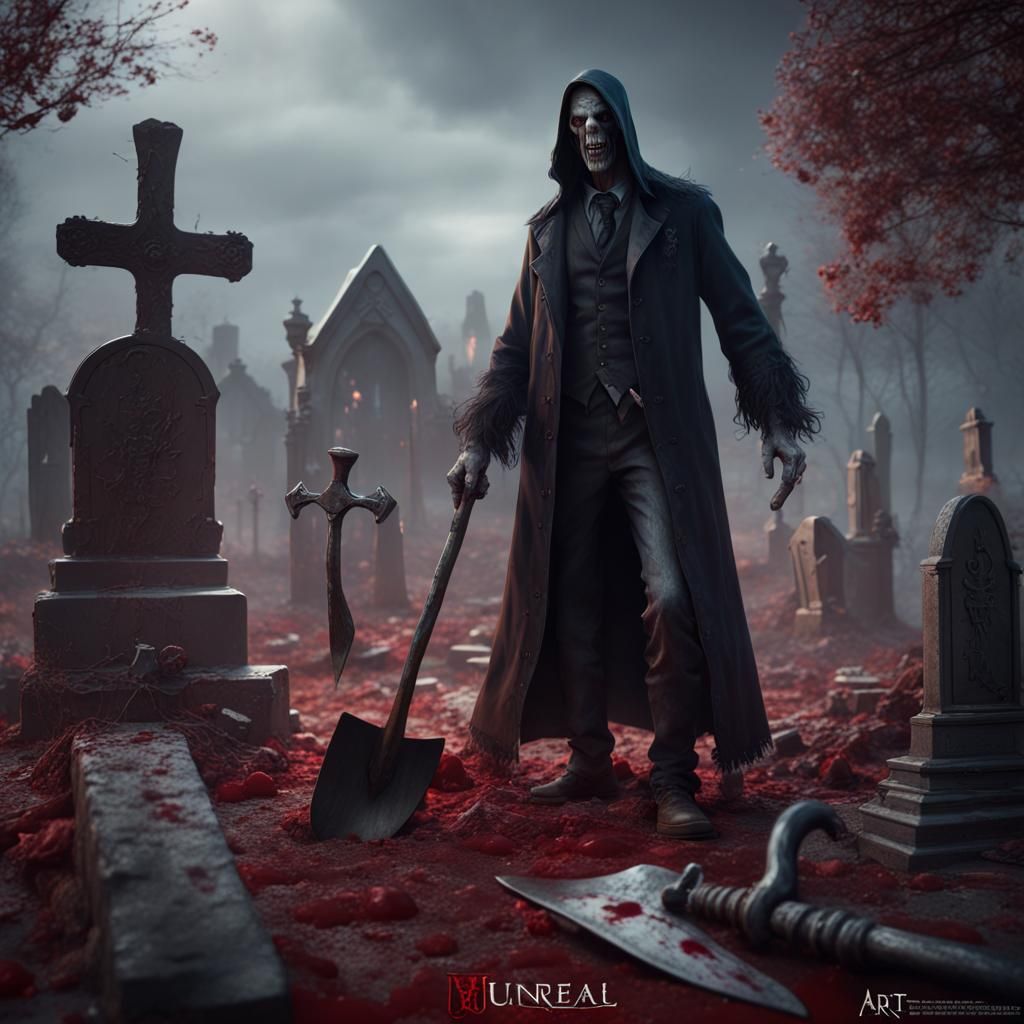 Graveyard Scene with Undertaker in Detailed Matte Painting