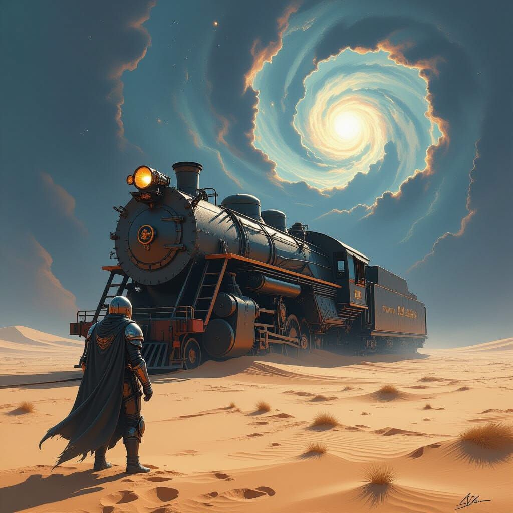 Armored Warrior Gazes at Cosmic Locomotive on Desolate Plain