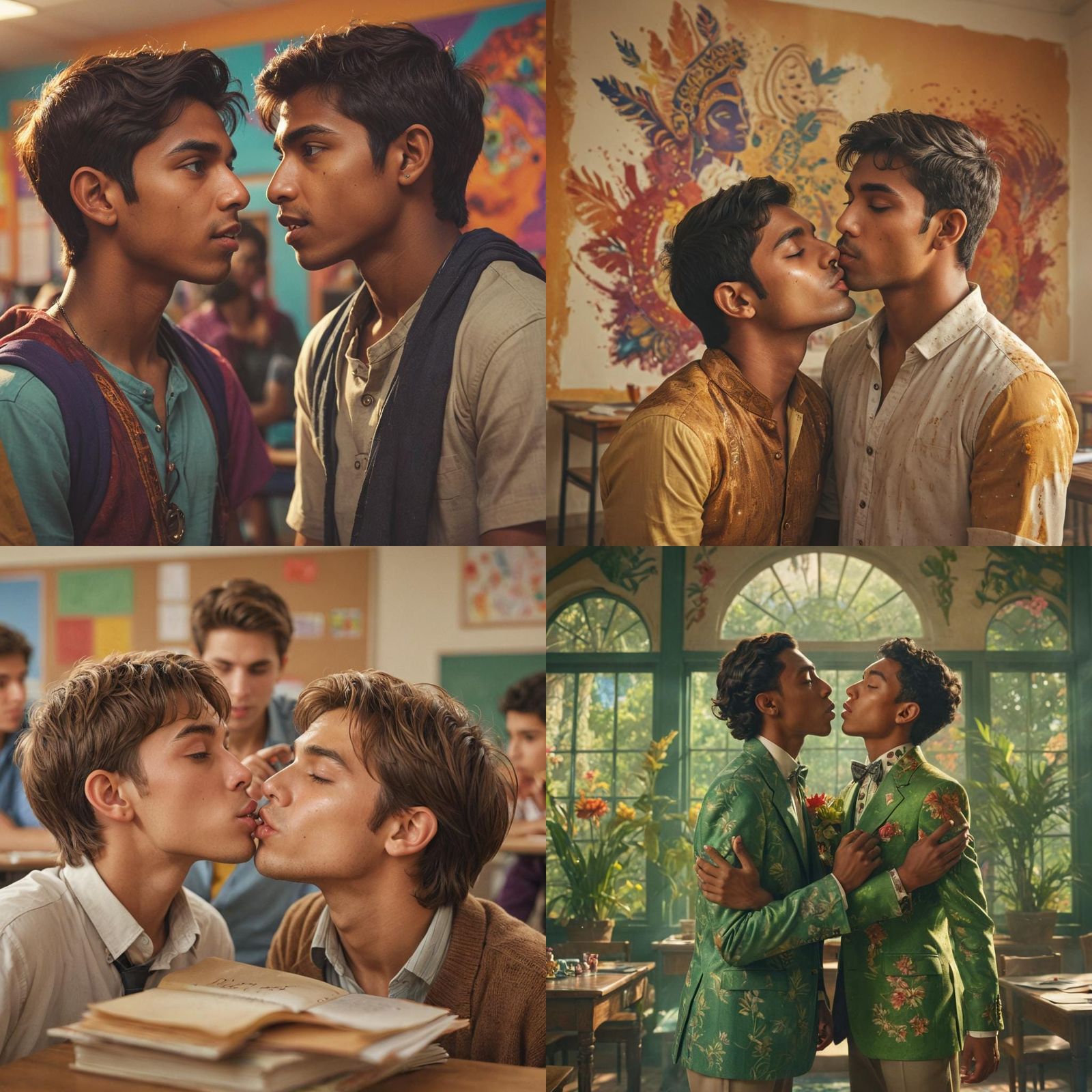 Passionate Classroom Encounter: Hyperrealistic Splash Art