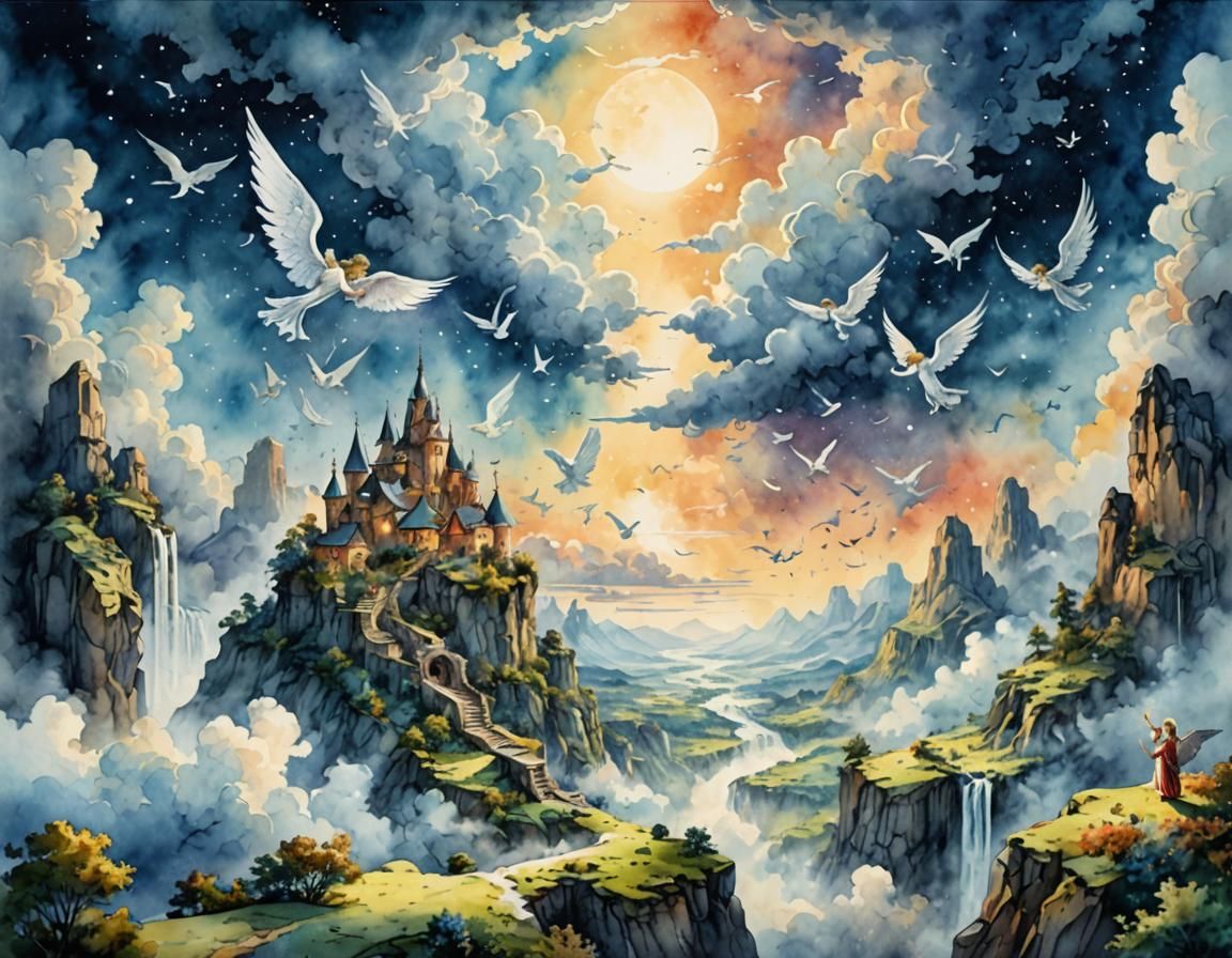 Angels in a Mystical Heaven: Watercolor Landscape