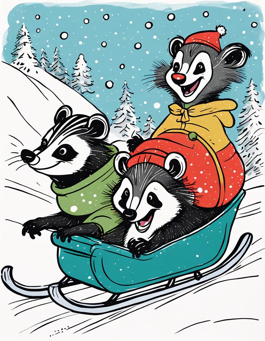 Three Friends Soar Down a Snowy Hill in a Whimsical Toboggan...