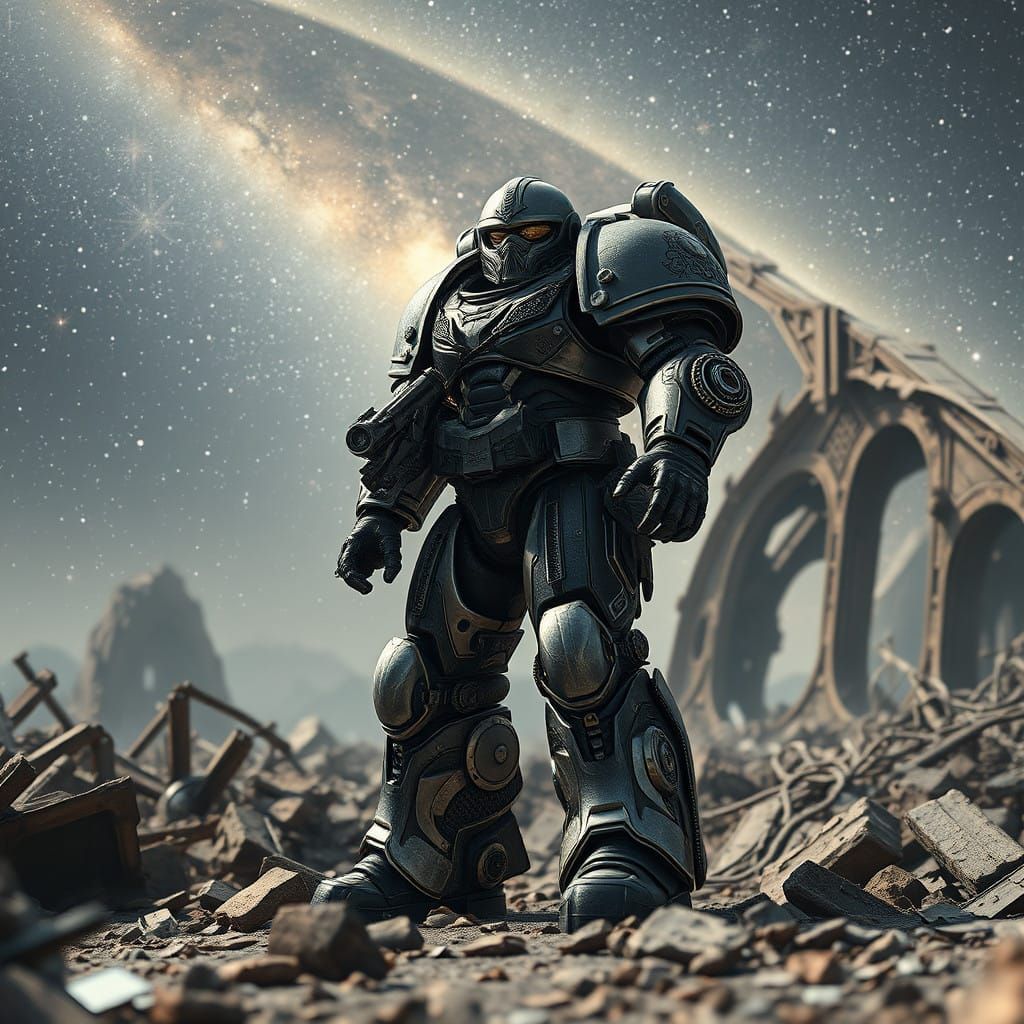 Heroic Space Marine Against a Starry Ruin