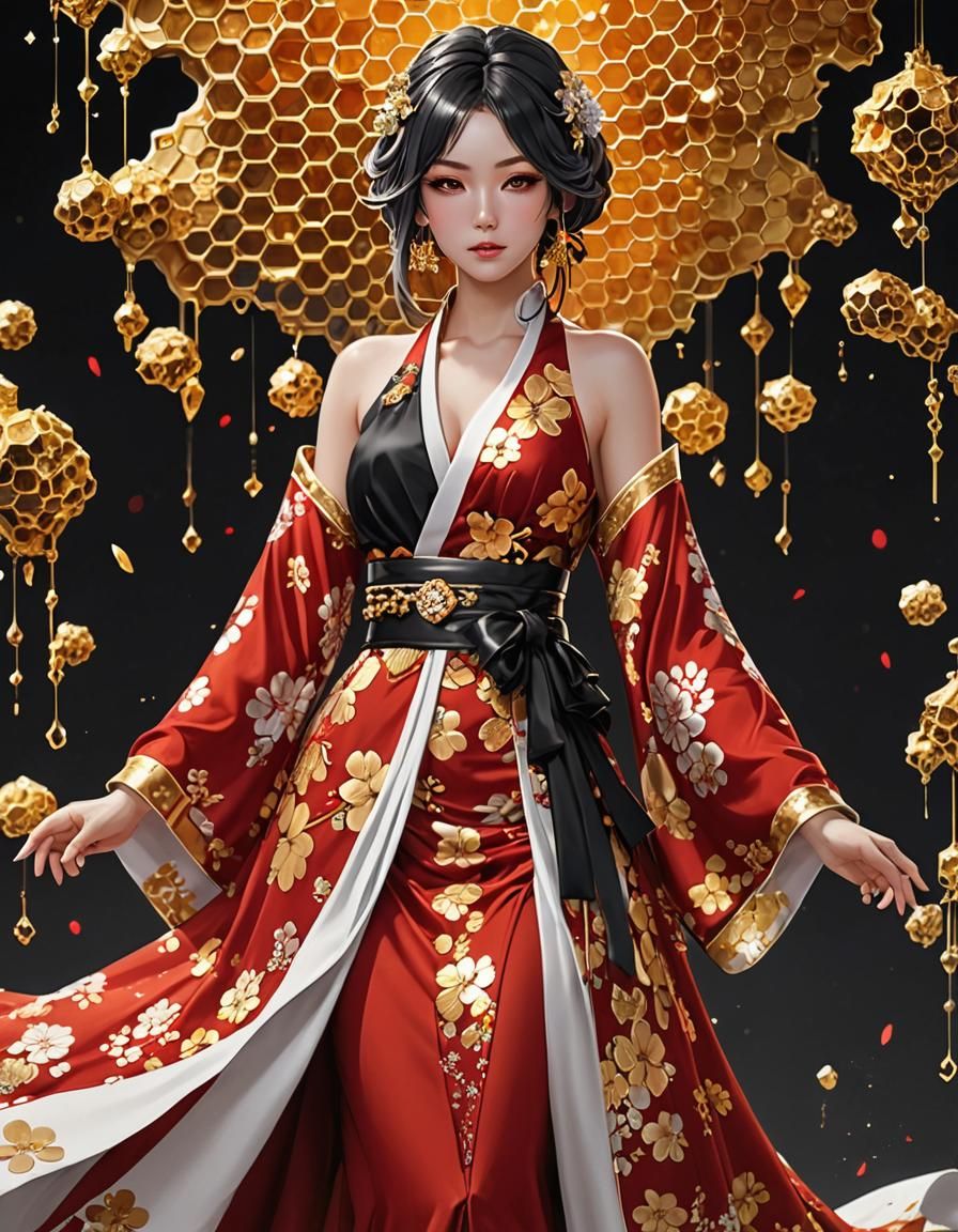 Golden Honeycomb Kimono: 3D Anime Art