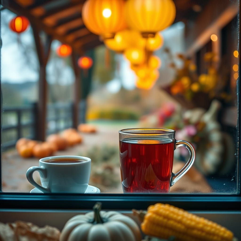 Autumn Harvest Celebration with Lanterns and Hot Tea