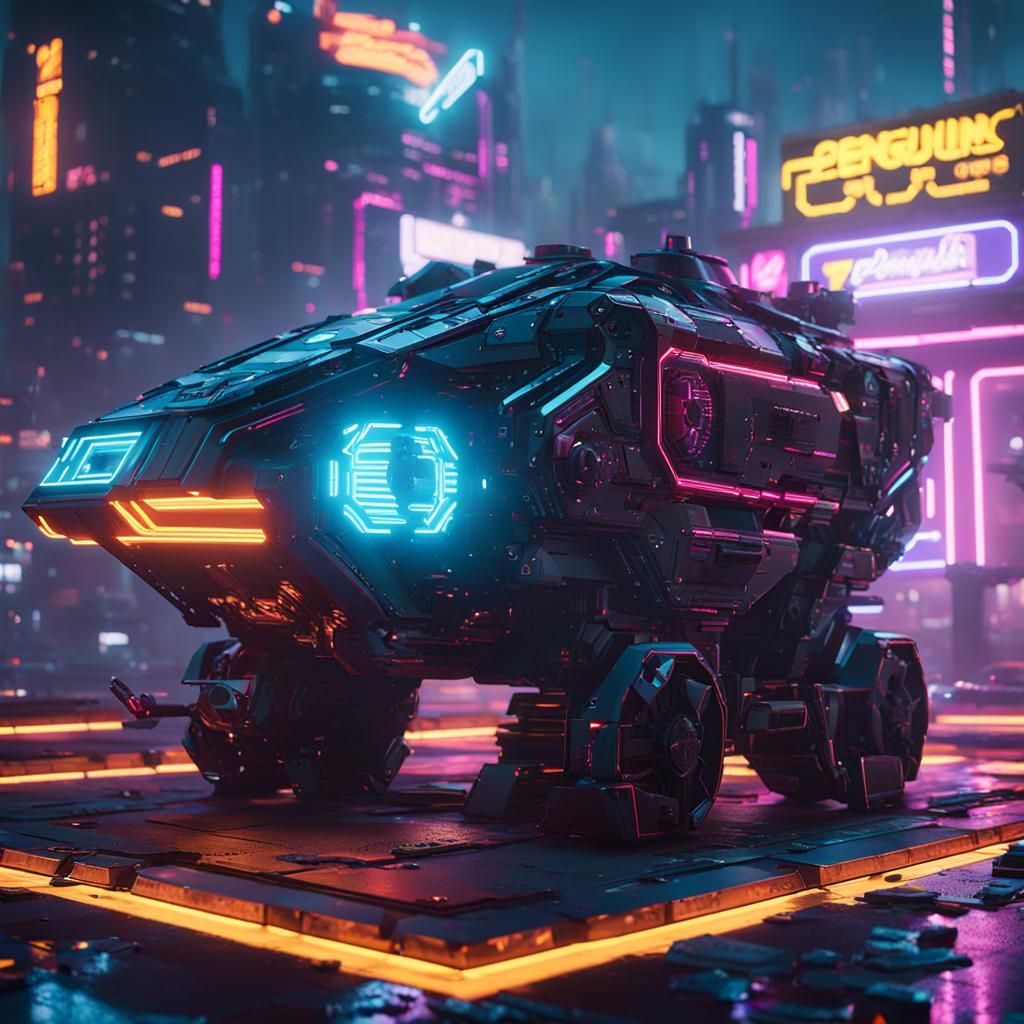 Cyberpunk Penguin in Futuristic Cityscape
