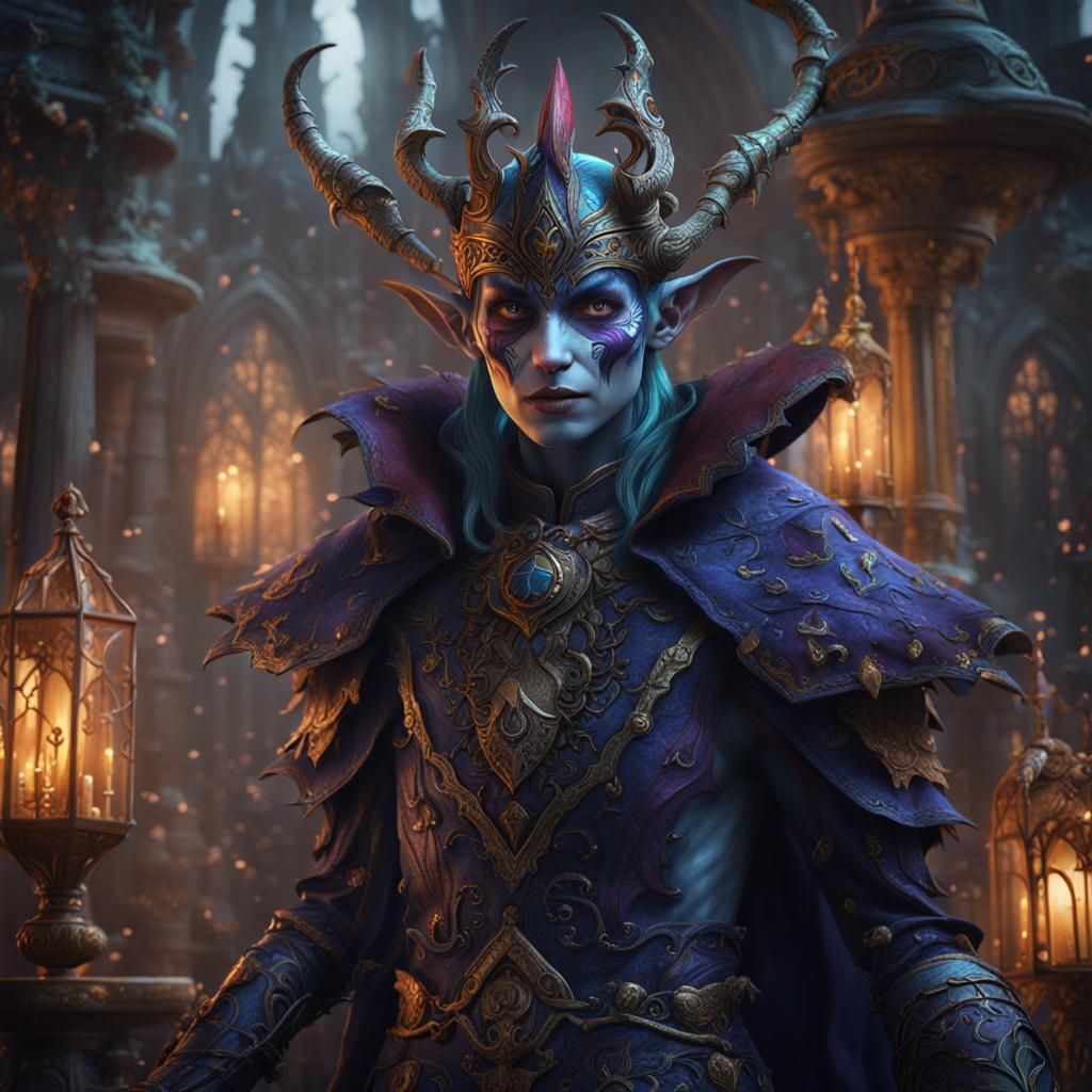 Elven Harlequin Necromancer in Detailed Matte Painting