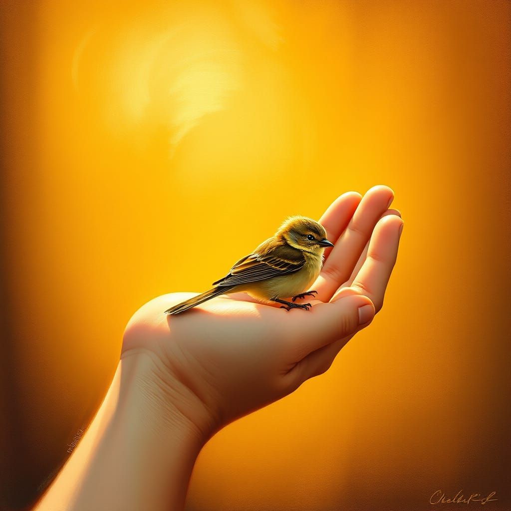 A Gentle Hand Cradles a Feathered Friend in Warm Golden Ligh...