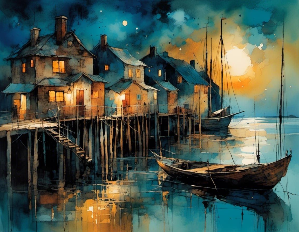 Moonlit Seaside Village in Watercolor Style