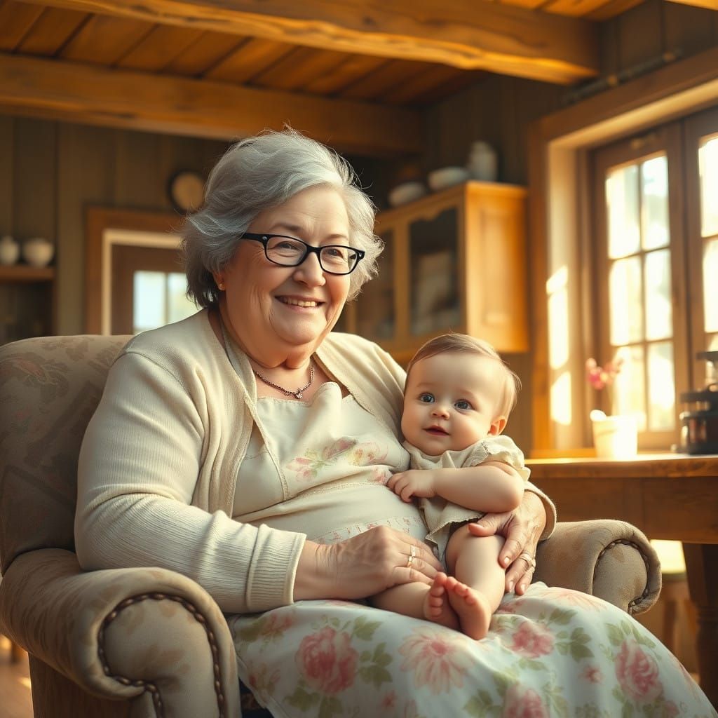 Cozy Farm Kitchen Scene with Grandmother and Toddler