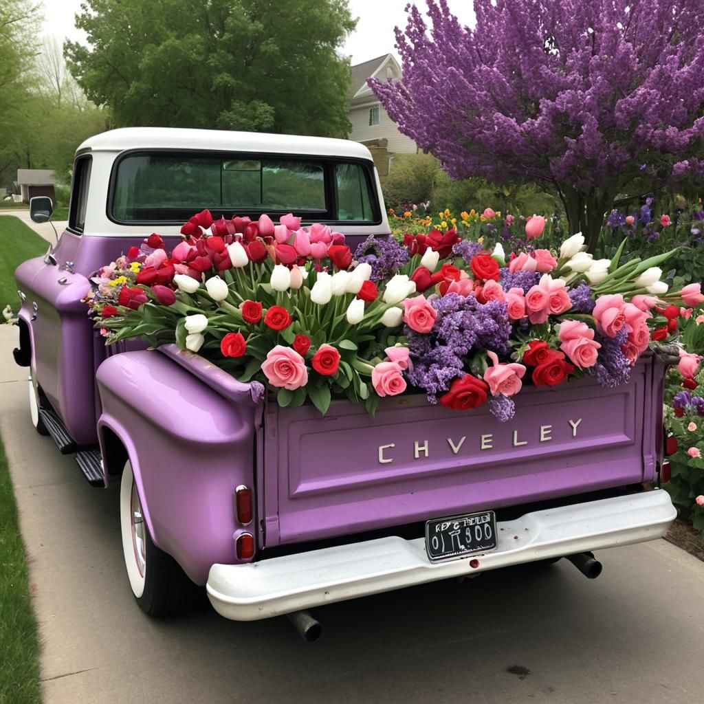 Vintage Chevy Truck Bed Filled with Colorful Flowers