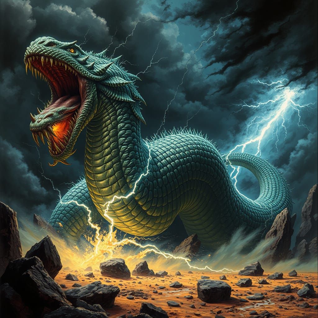 Gargantuan, Electric Serpent Unleashes Fury in Stormy Landsc...