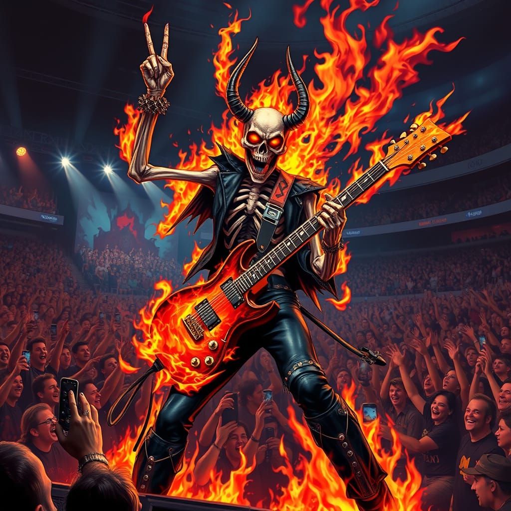 Skeletal Demon Shreds on Electric Guitar in Blazing Heavy Me...