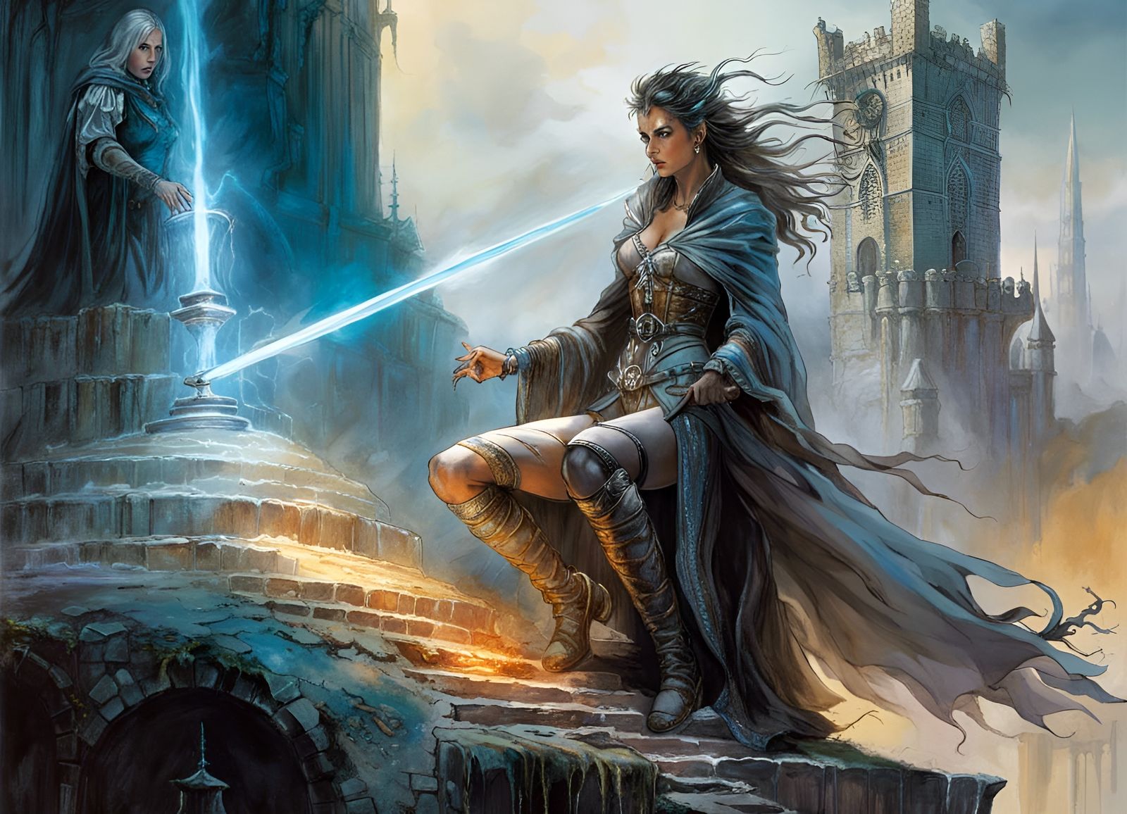 Sorceress Duel on Ruined Tower: Digital Art