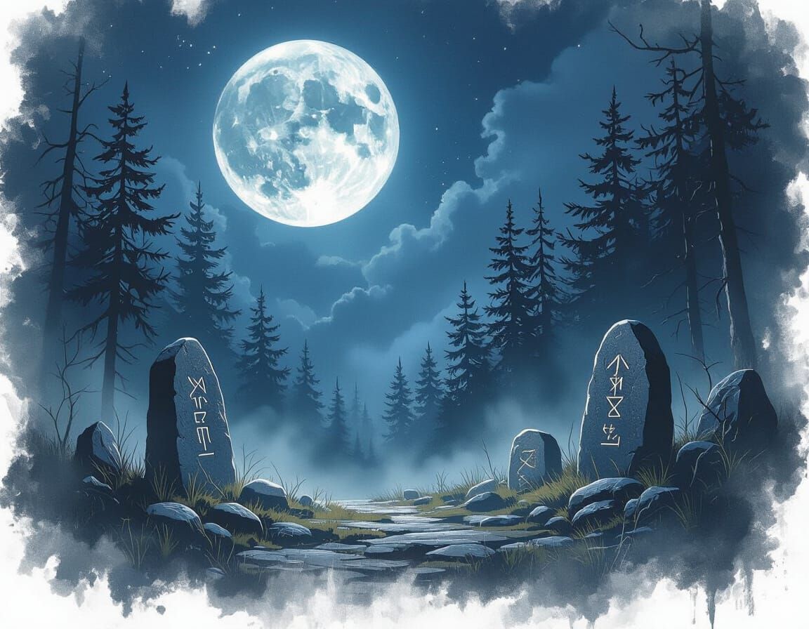 Mystical Forest Clearing Under Full Moon with Norse Runes