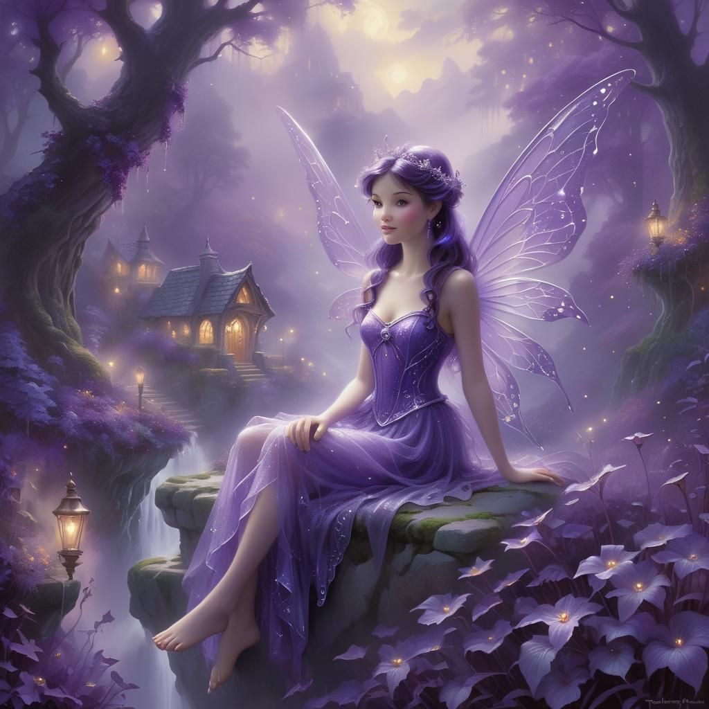 Ethereal Purple Fairy in Monochromatic Landscape
