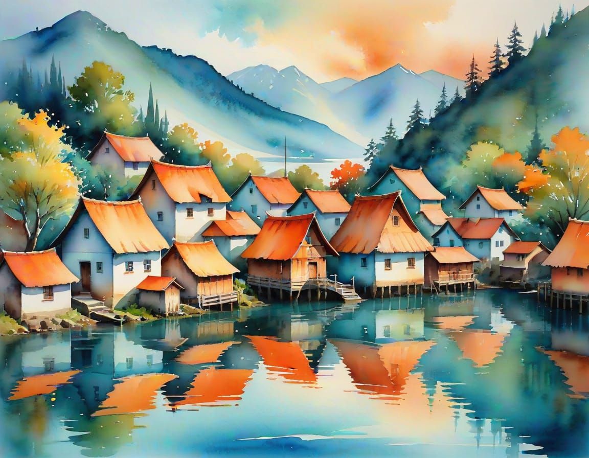 Watercolor Village Rising from Lake in Orange and Teal