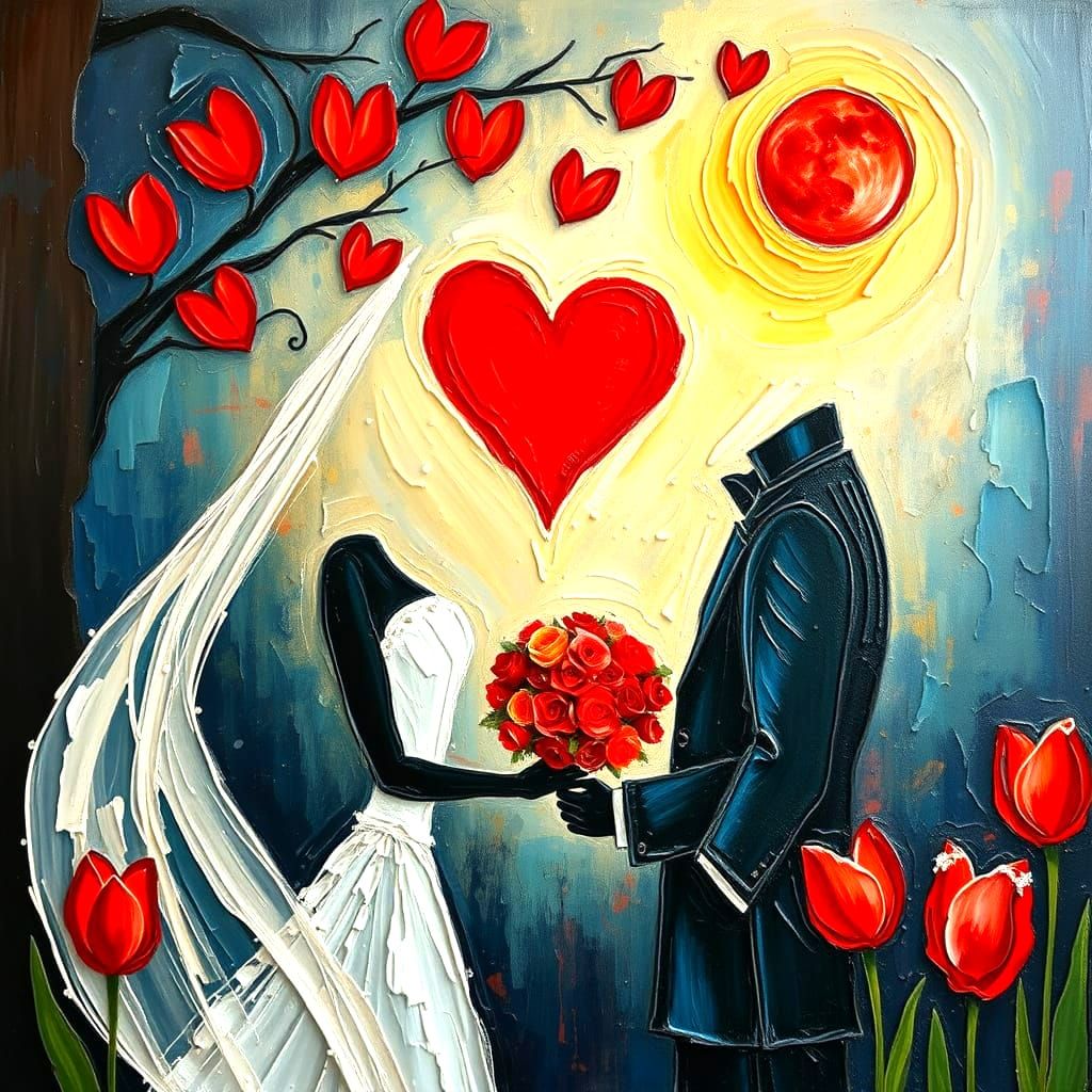 Red Wedding of Love and Hearts in Neo-Impressionist Style