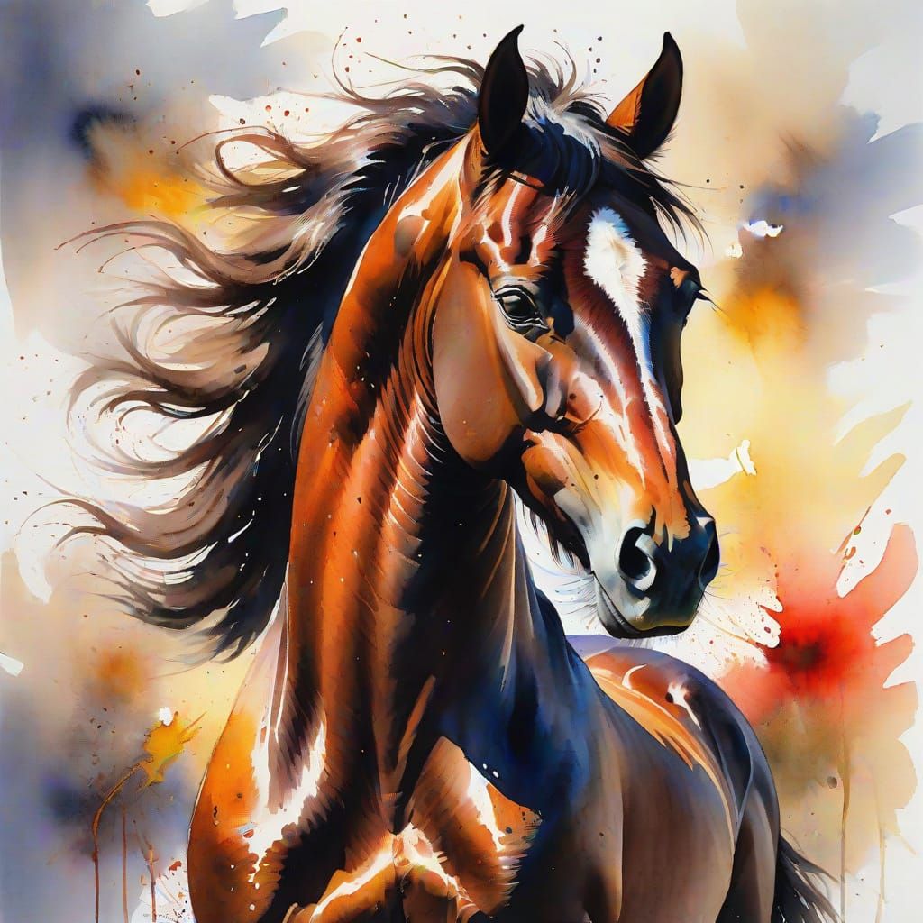 Majestic Horse Rearing in Expressive Watercolor