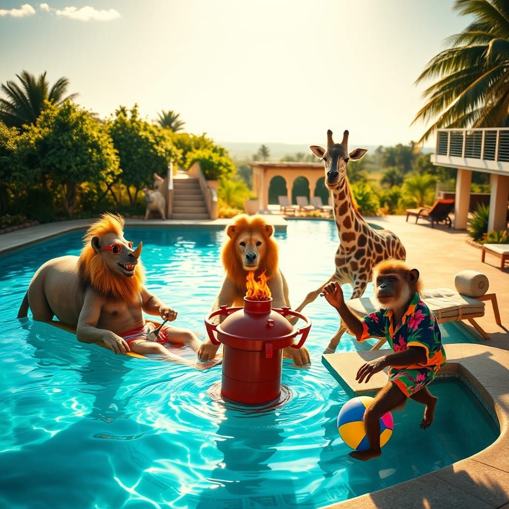 Savannah Animals Pool Party in Cinematic Style