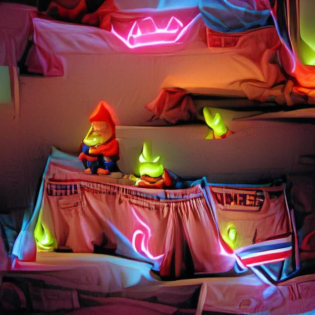 Retro Neon Gnomes in Bedroom Scene