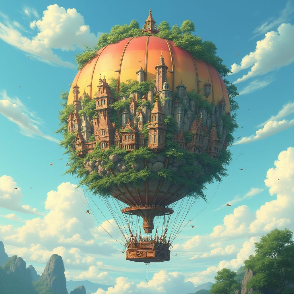 Floating Victorian City Held by Giant Balloon