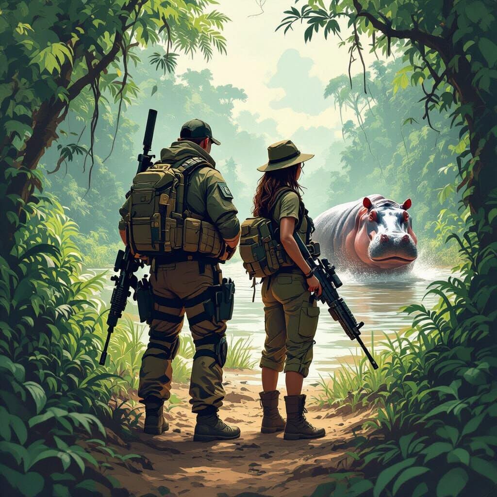 Hunters Face Charging Hippo in Jungle Scene