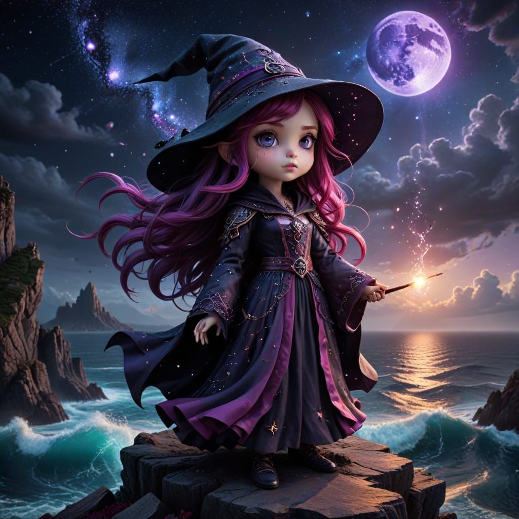 Chibi Witch Casting Cosmic Spell Over Starlit Ocean