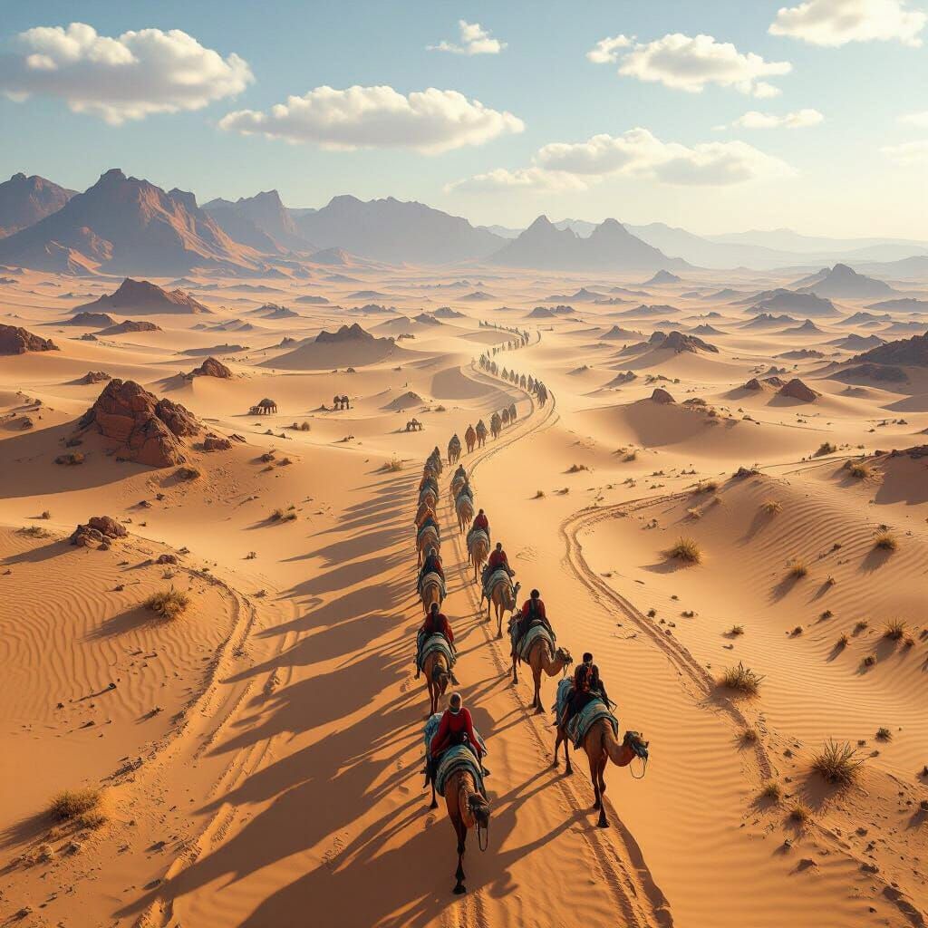 Camel Caravan Crossing Gobi Desert on Silk Road