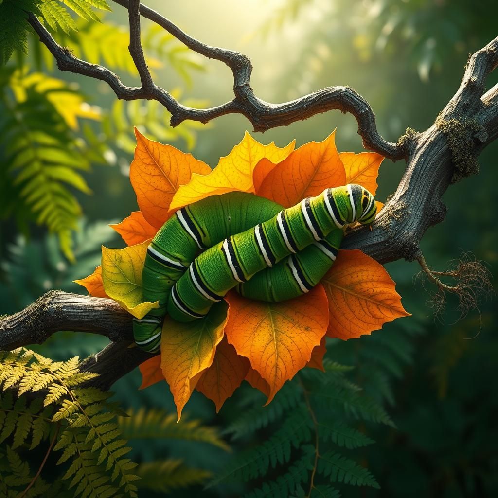 Green Caterpillars on Orange Leaves in Photorealistic Style