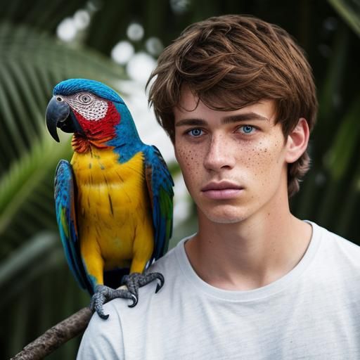 Hyperrealistic Portrait of Boy with Parrot