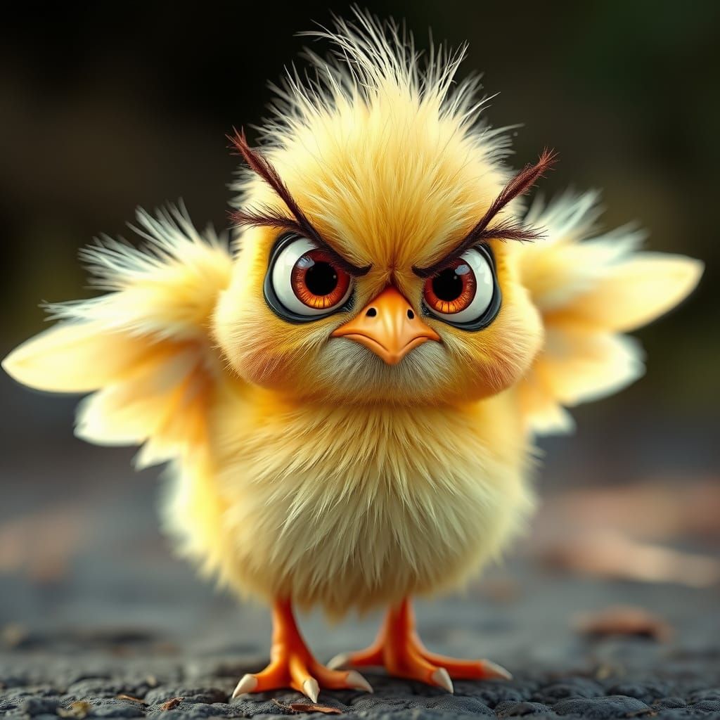 Angry Suspicious Chick Stares Down Caterpillar
