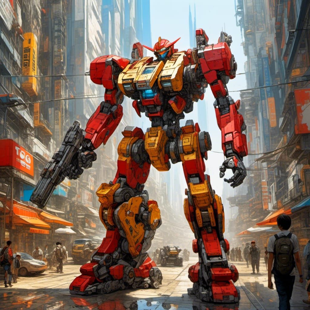 Retro Mecha Robot in Futuristic Cityscape