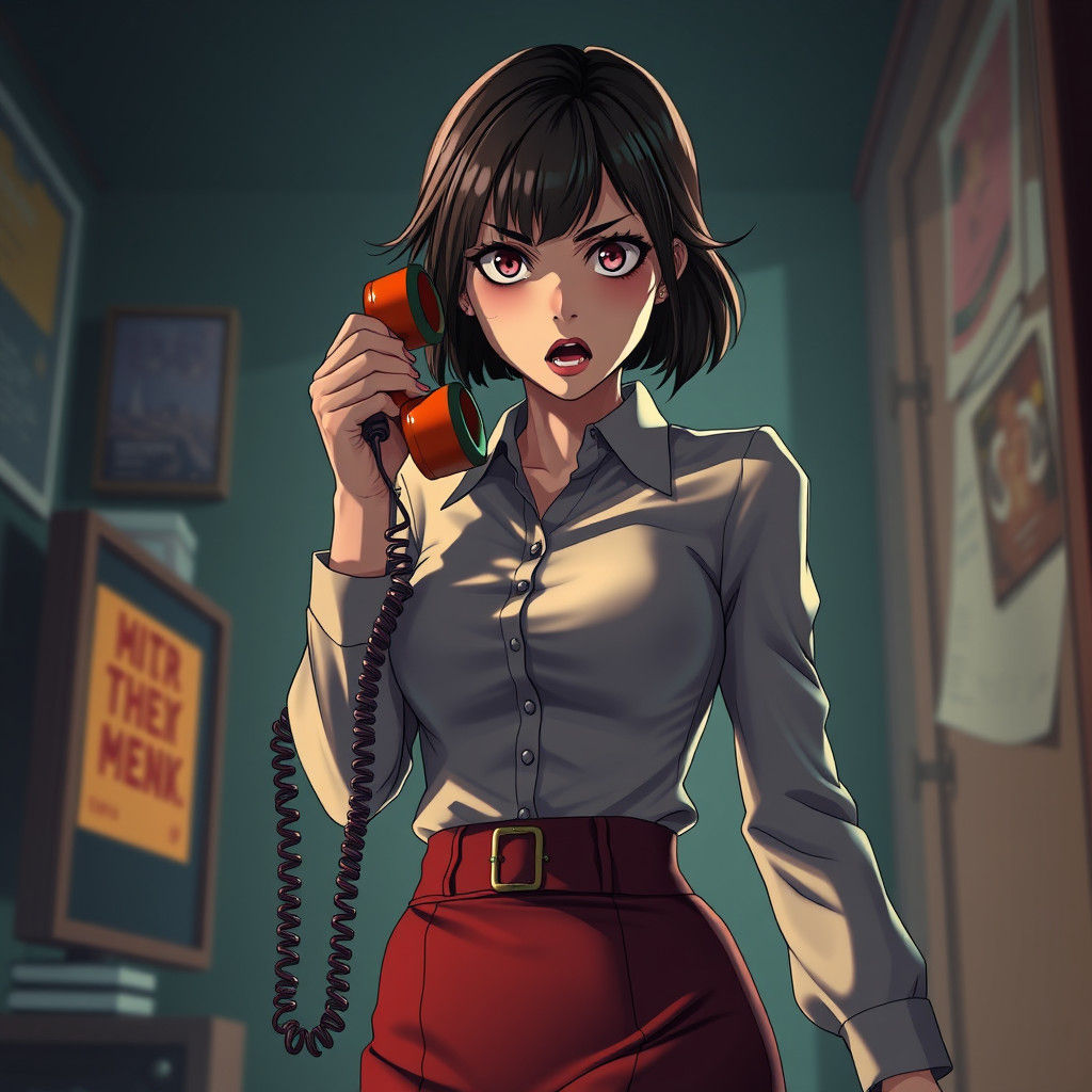 Frightened Woman with Retro Phone in Anime 3D Style