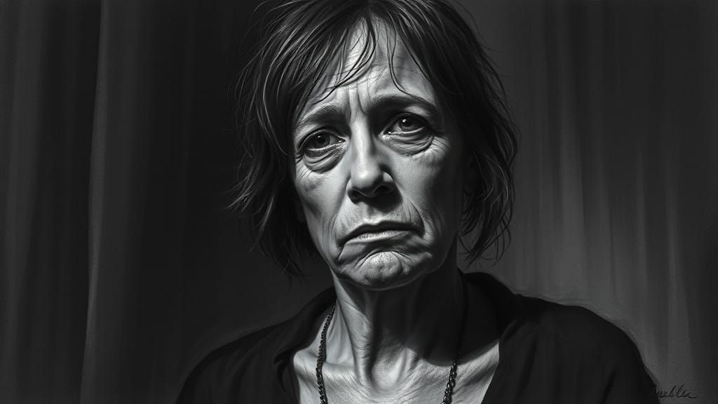 Weary Woman in Eerie Shadows, Charcoal Drawing Style