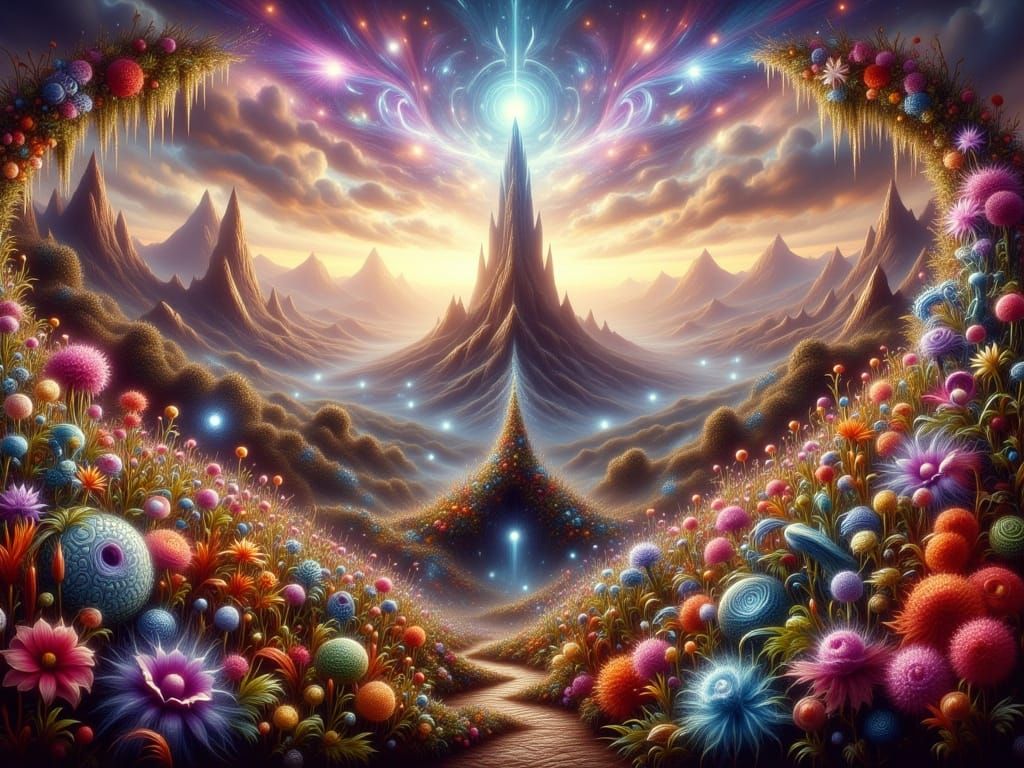 A vibrant fantasy landscape with a path leading towards the ...