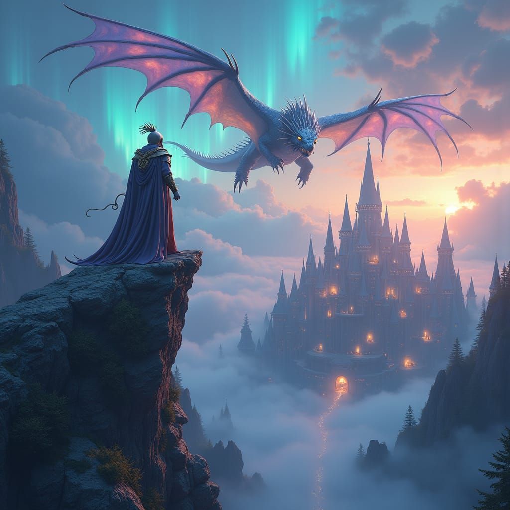 Iridescent Dragon Soaring Over Enchanted Realm
