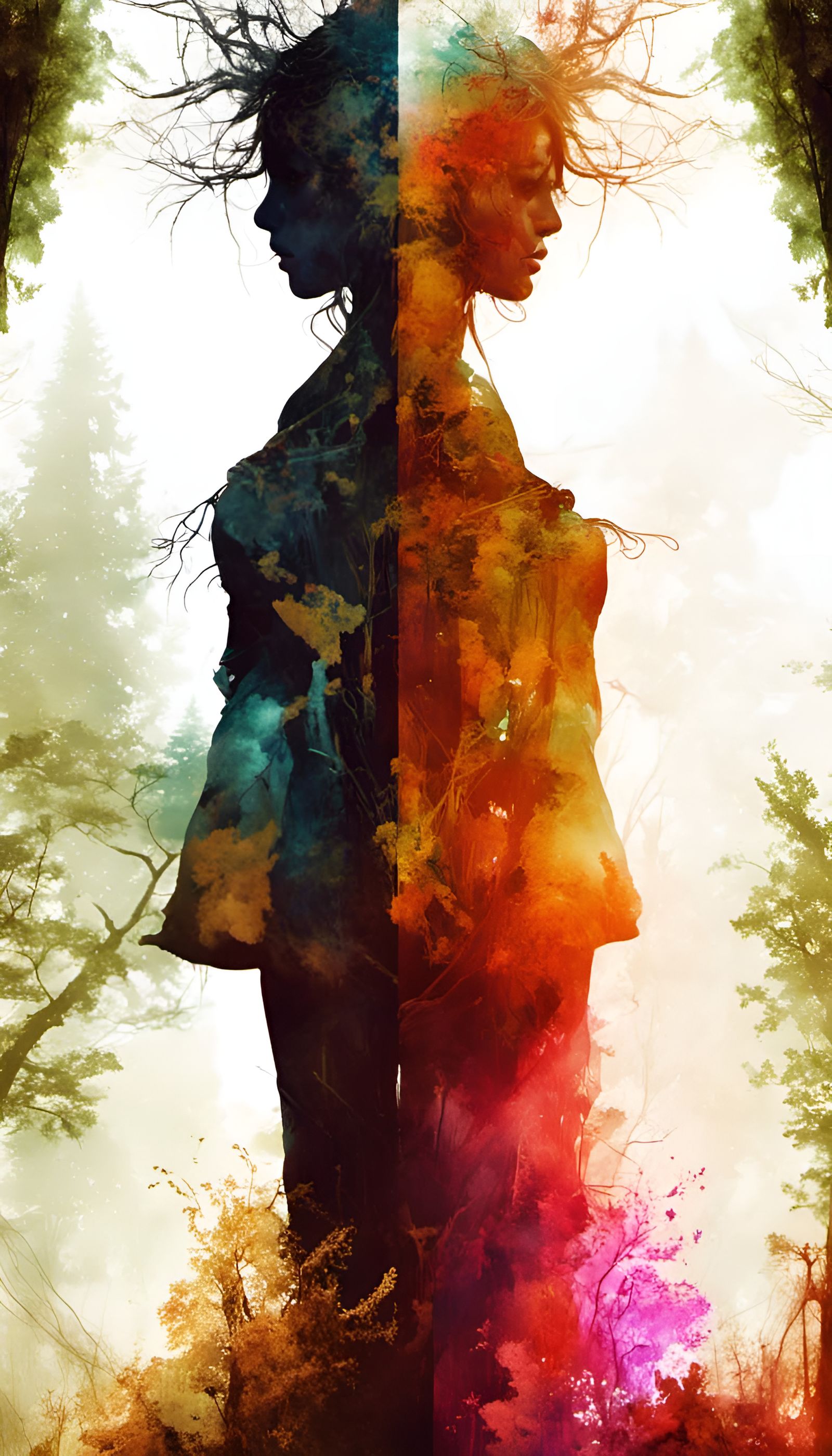 Double Exposure Witch in Forest, Digital Illustration