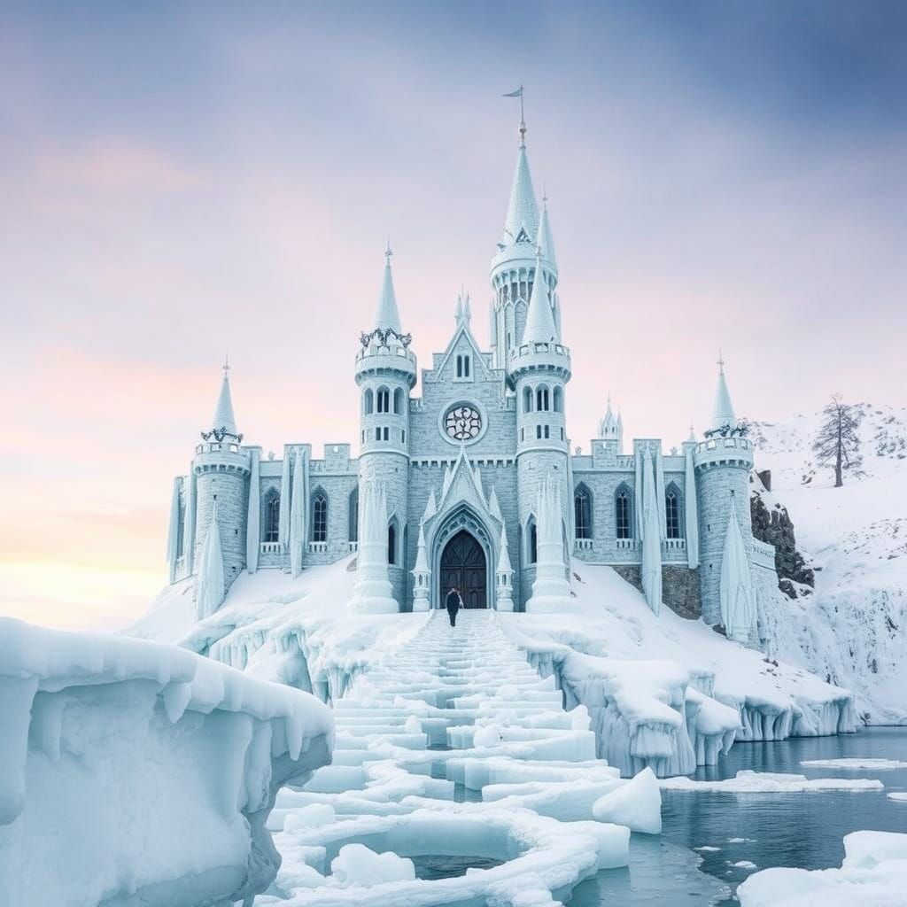 Imposing Ice Castle on Iced Cliff: Digital Art