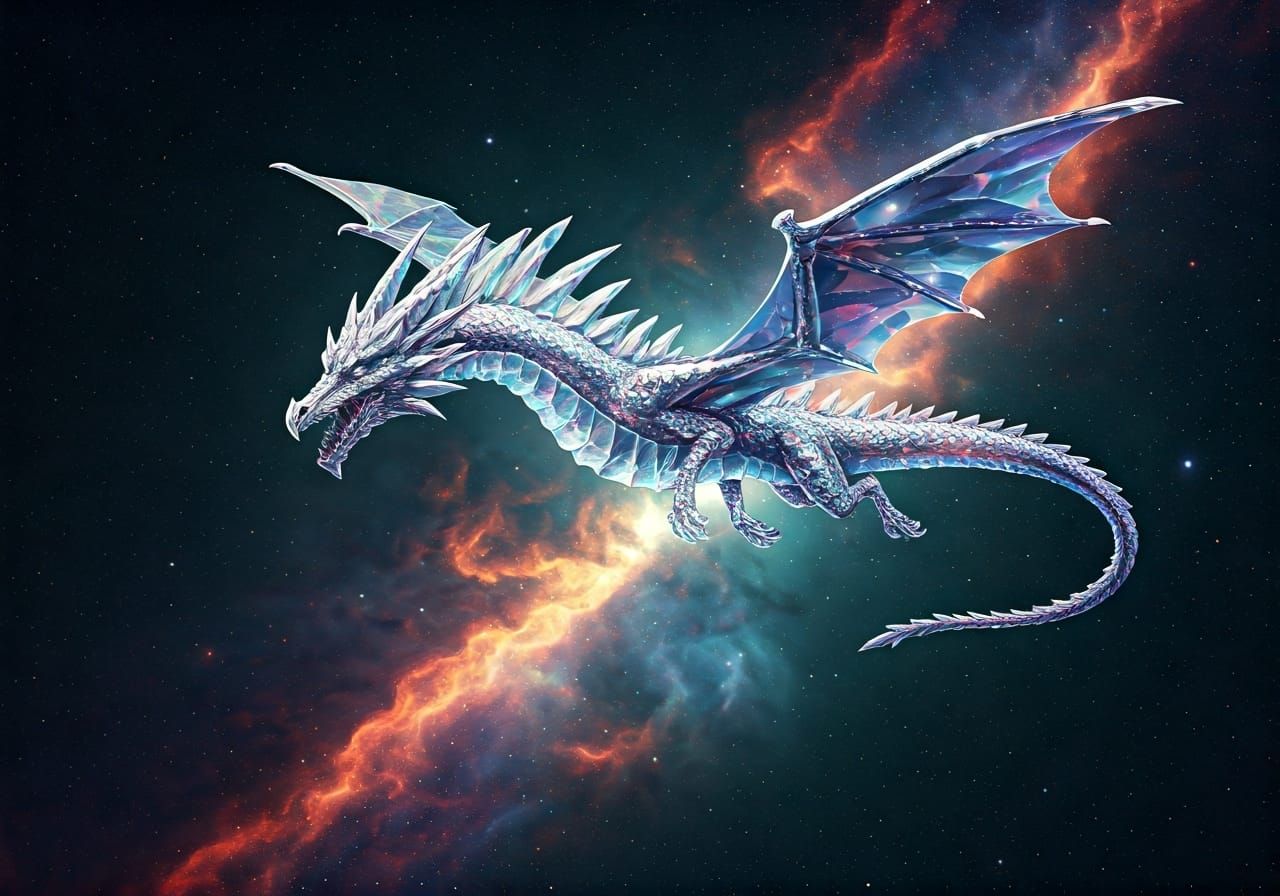 Crystal Dragon Soaring Through Nebula as Dark Fantasy Art