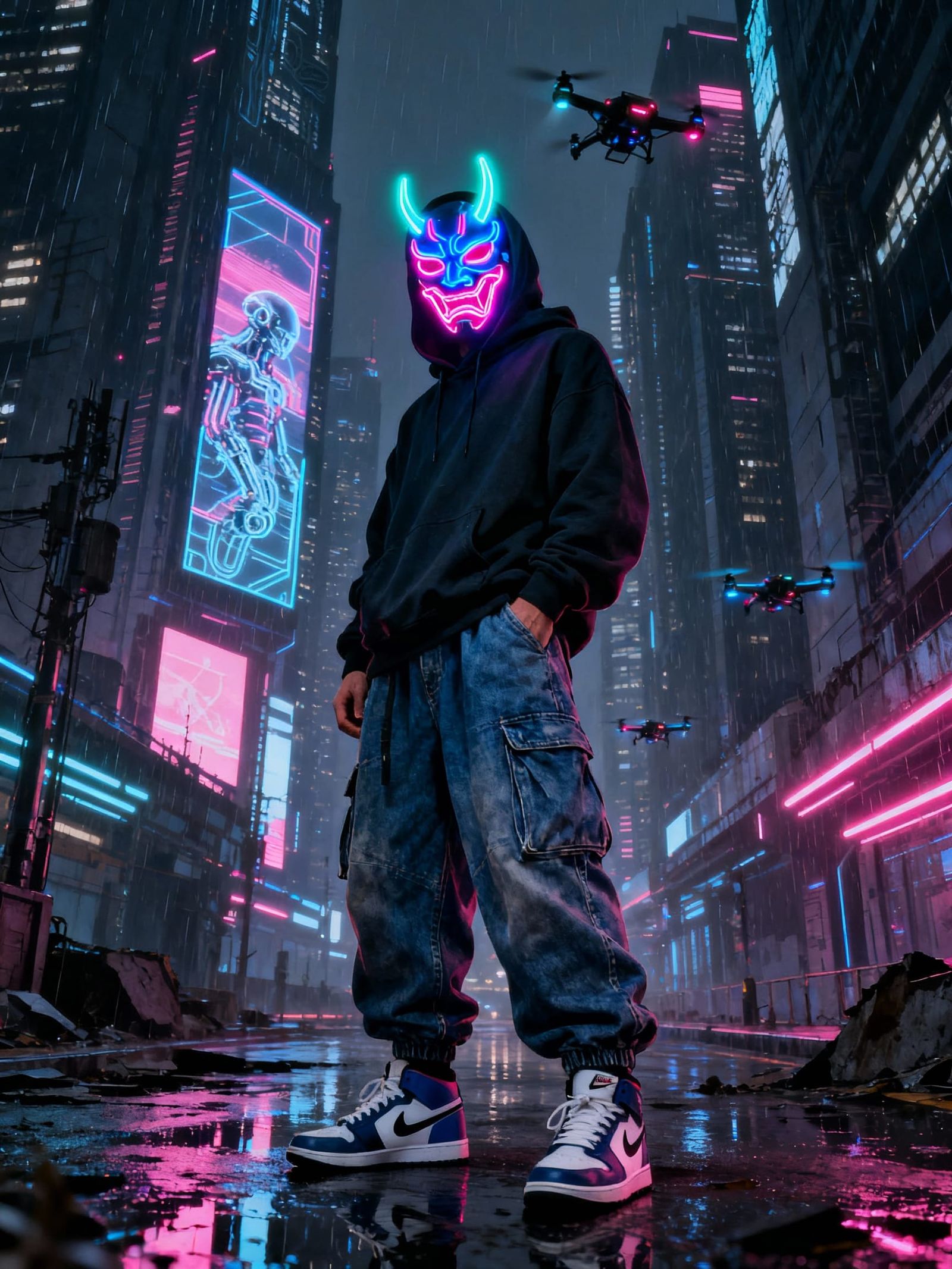 Cyberpunk Hacker with Neon Oni Mask in Dystopian City