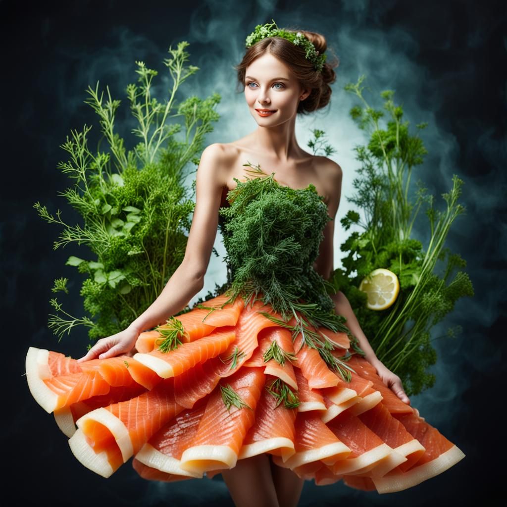 Woman in a dress made from slices of smoked salmon, decorate...