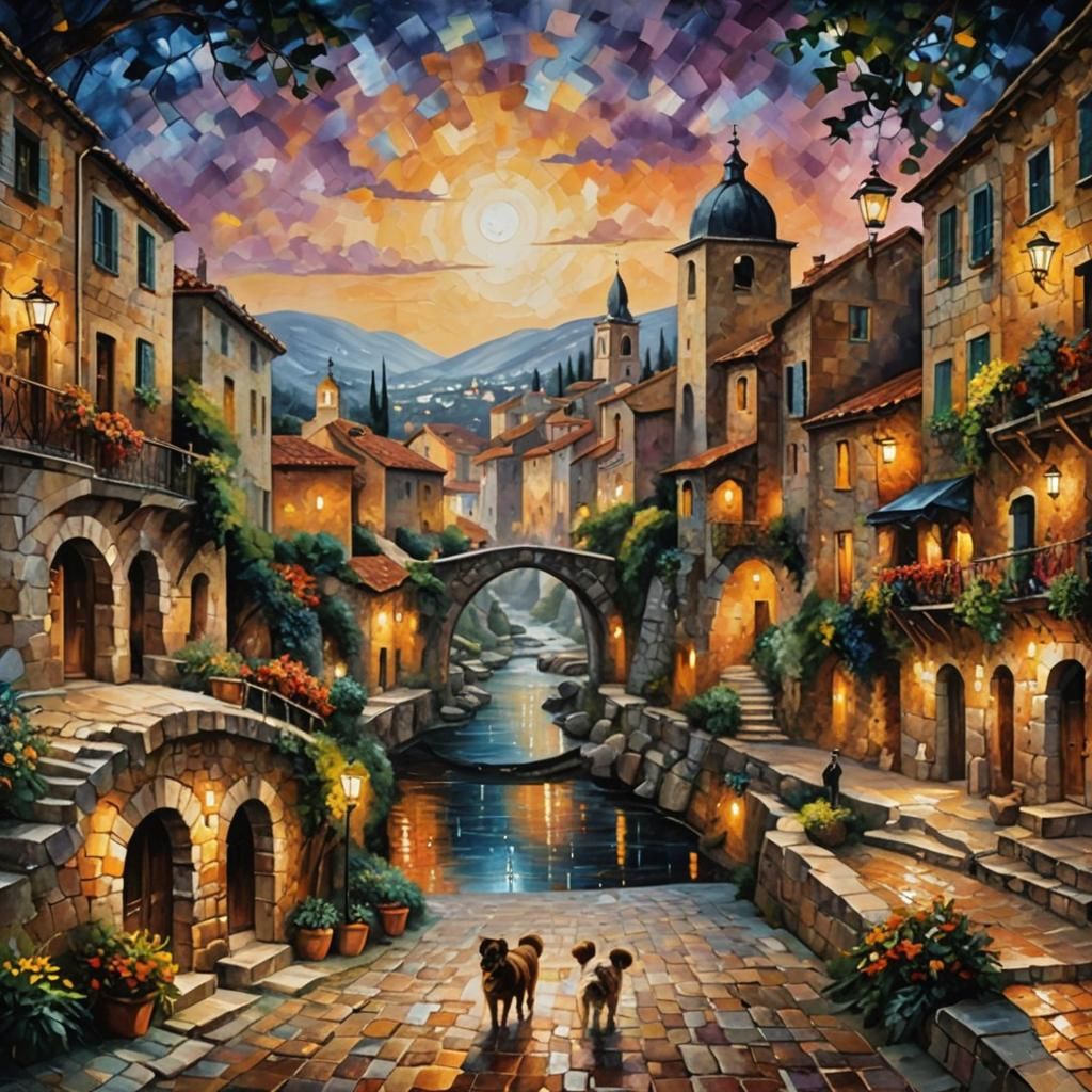 Oil Painting. Old Spanish Mediterranean village on dusk land...