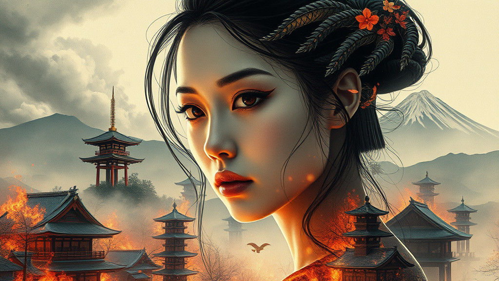 Double Exposure Portrait with Burning Village, Digital Art